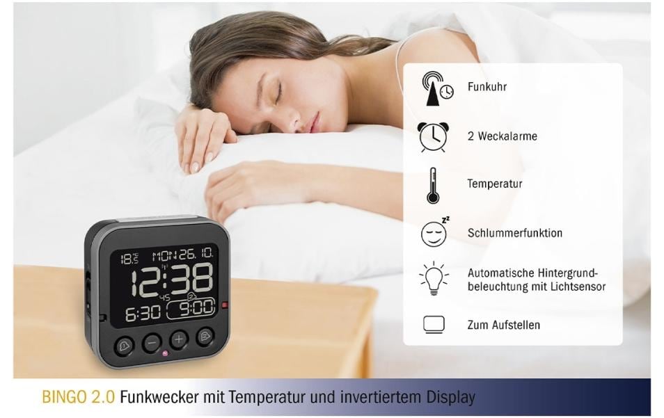 TFA-Dostmann TFA Dostmann BINGO 2.0 Digitalwecker – Funk, Snooze, Thermometer, 9,5 × 9,6 × 4,1 cm, Schwarz