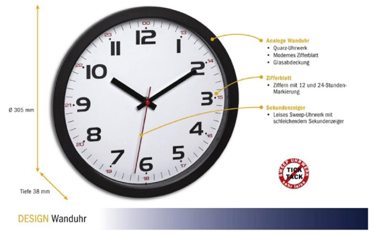 TFA-Dostmann TFA Dostmann Wanduhr – Analog, Lautlos, Ø 30,5 cm, Schwarz, Kunststoff