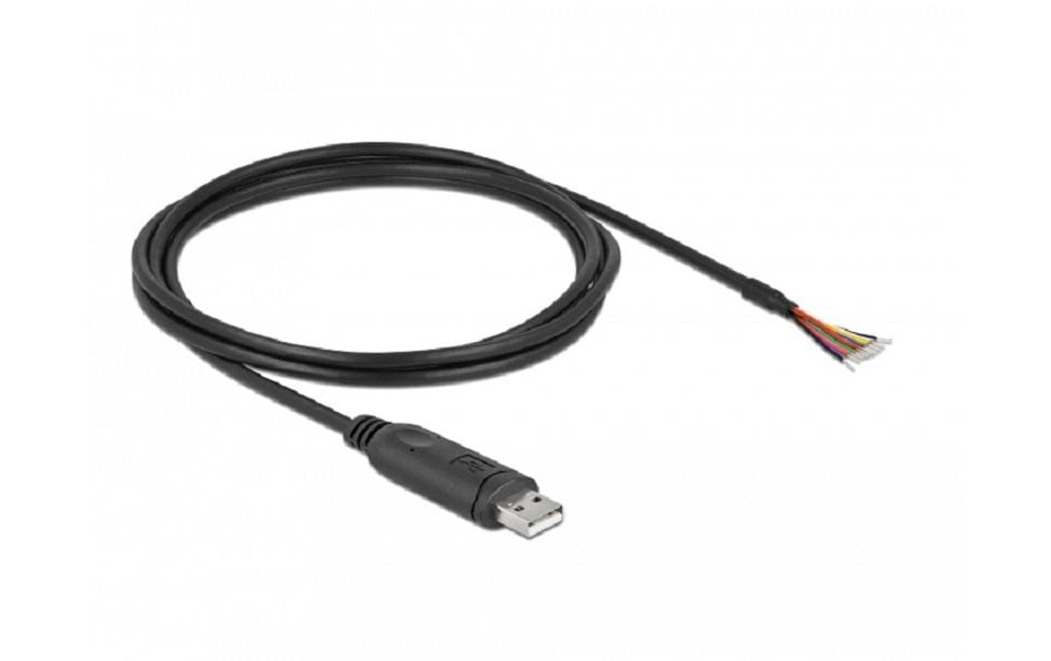 DeLOCK Adapterkabel USB-A zu RS-232 – USB 2.0 (480 Mbit/s), 2 m, 9 offene Kabelenden, geschirmt, Schwarz