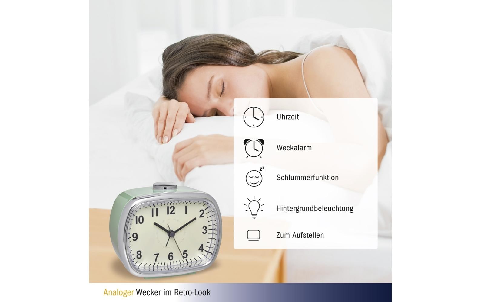 TFA-Dostmann TFA Dostmann Quarz-Wecker – Analog, Schlummerfunktion, 11,0 × 9,2 × 6,0 cm, Mint, Kunststoff