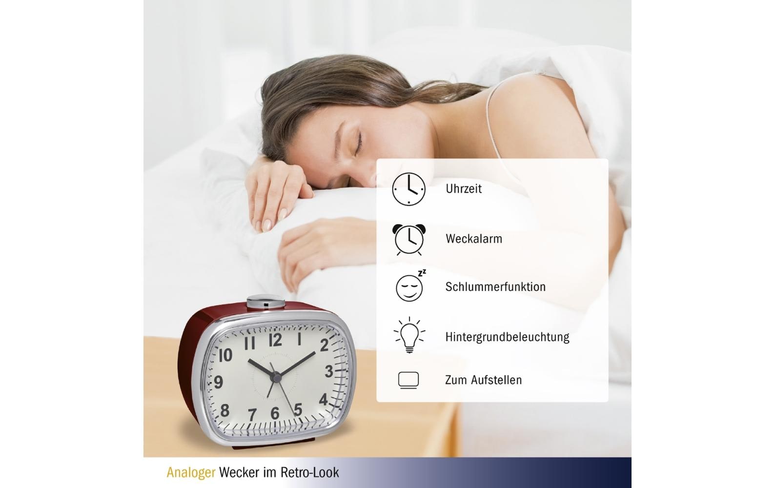 TFA-Dostmann TFA Dostmann Quarz-Wecker – Analog, Schlummerfunktion, 11 × 9,2 × 6 cm, rot, Kunststoff