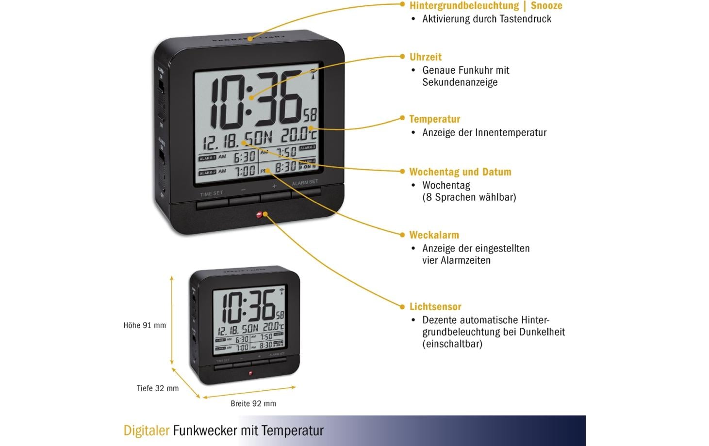 TFA-Dostmann TFA Dostmann Digitalwecker – Funk, Schlummerfunktion, Thermometer, 9,1 × 9,2 × 3,2 cm, Schwarz