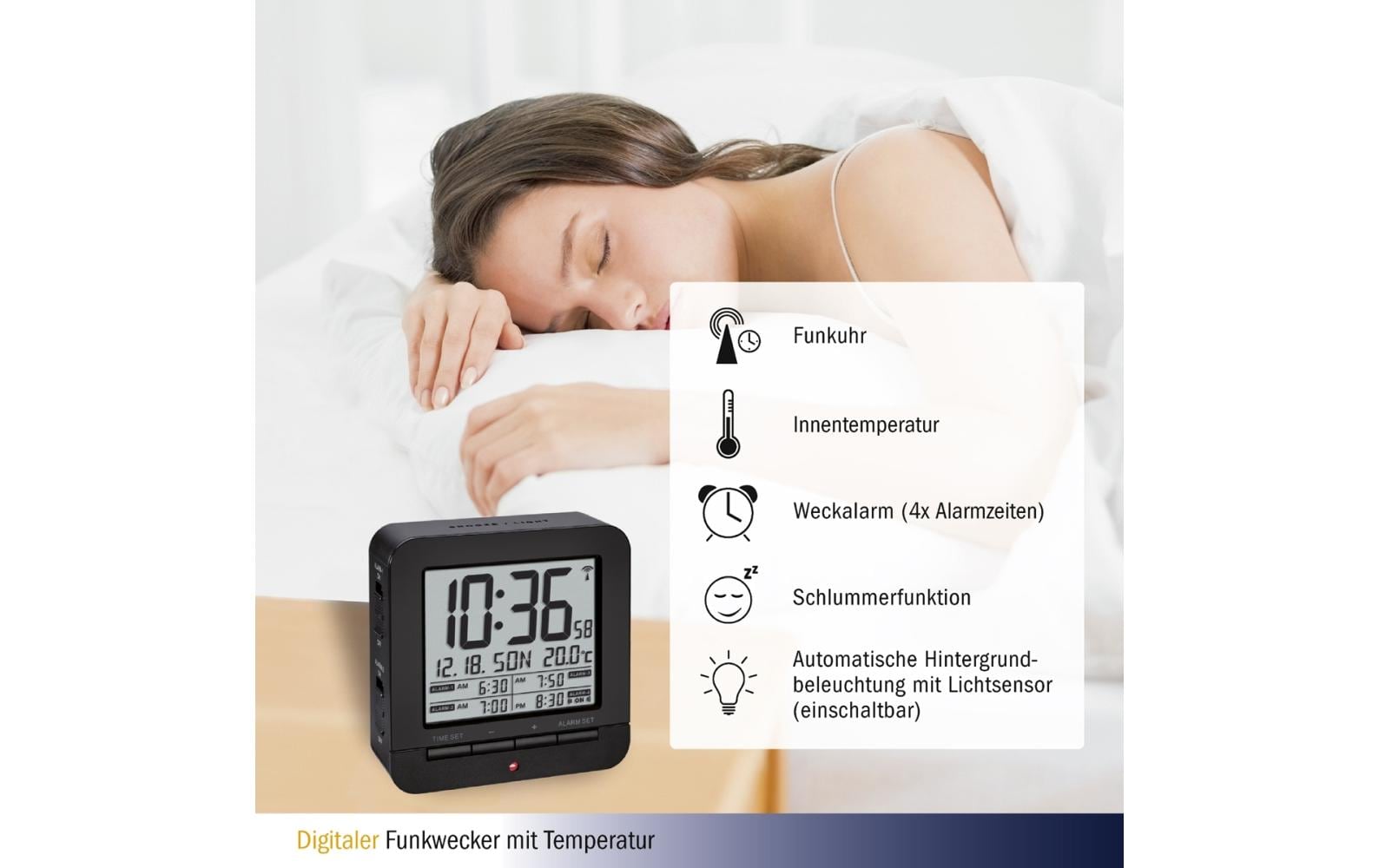 TFA-Dostmann TFA Dostmann Digitalwecker – Funk, Schlummerfunktion, Thermometer, 9,1 × 9,2 × 3,2 cm, Schwarz