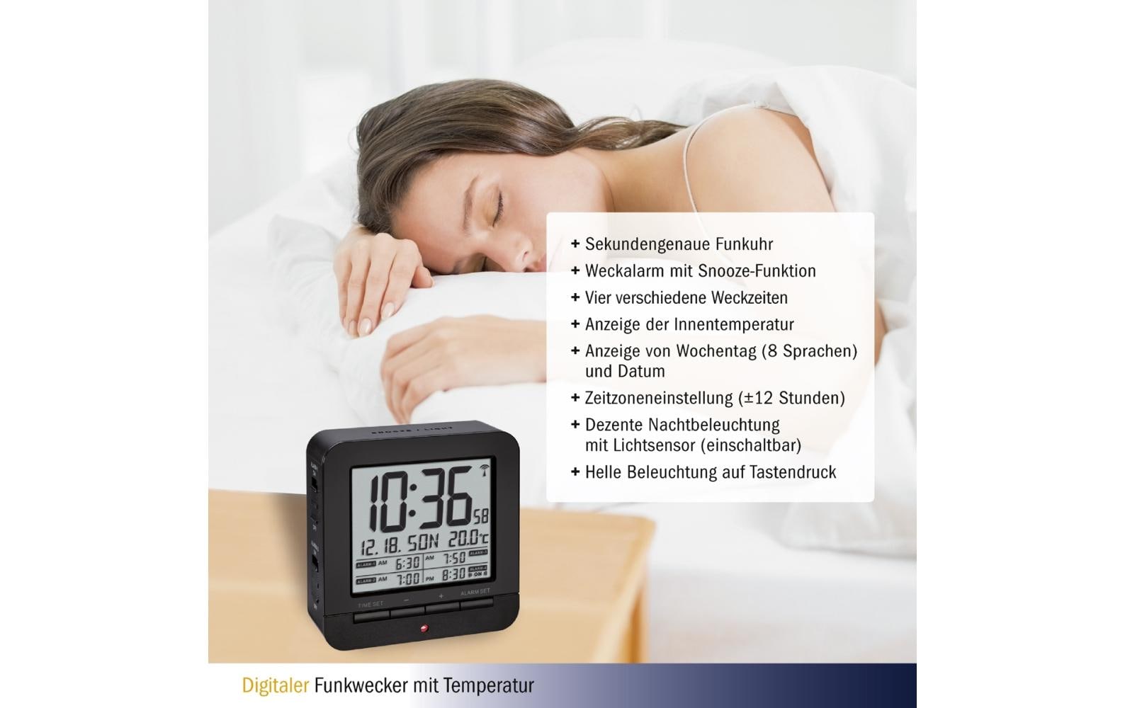 TFA-Dostmann TFA Dostmann Digitalwecker – Funk, Schlummerfunktion, Thermometer, 9,1 × 9,2 × 3,2 cm, Schwarz