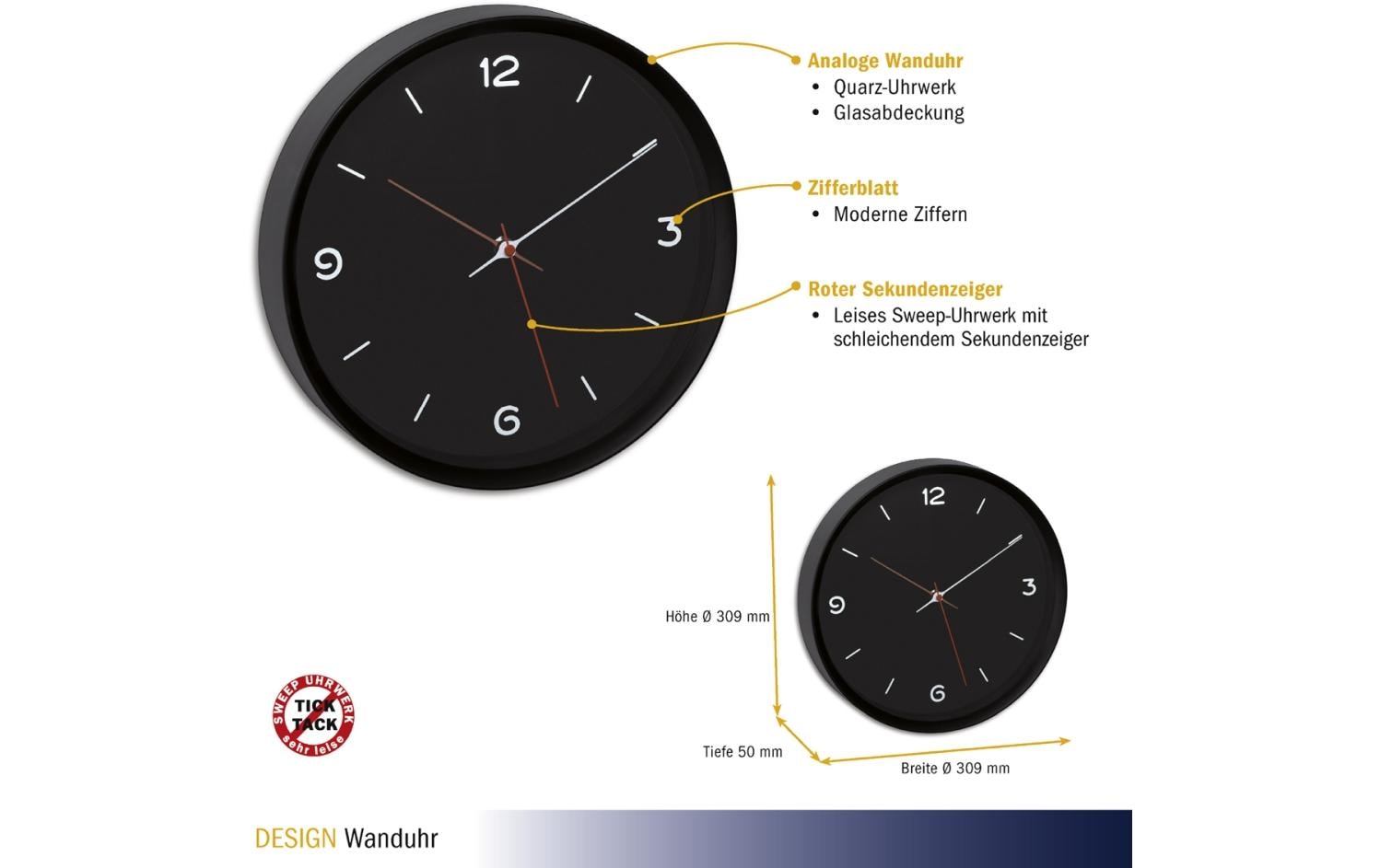 TFA-Dostmann TFA Dostmann Wanduhr – Analog, Ø 30,9 cm, Schwarz, Kunststoff/Glas