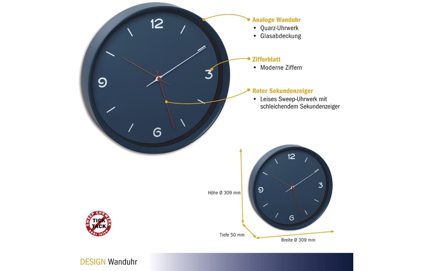 TFA-Dostmann TFA Dostmann Wanduhr – Analog, lautlos, Ø 30,9 cm, Petrol, Glas