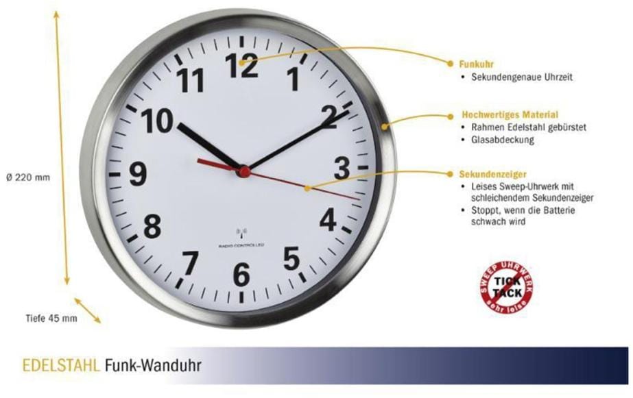 TFA-Dostmann TFA Dostmann Wanduhr – Funk, analog, lautlos, Ø 22 cm, Silber, Edelstahl/Glas