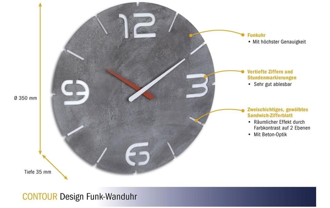 TFA-Dostmann TFA Dostmann CONTOUR Wanduhr – Funk, analog, Ø 35 cm, grau, Kunststoff