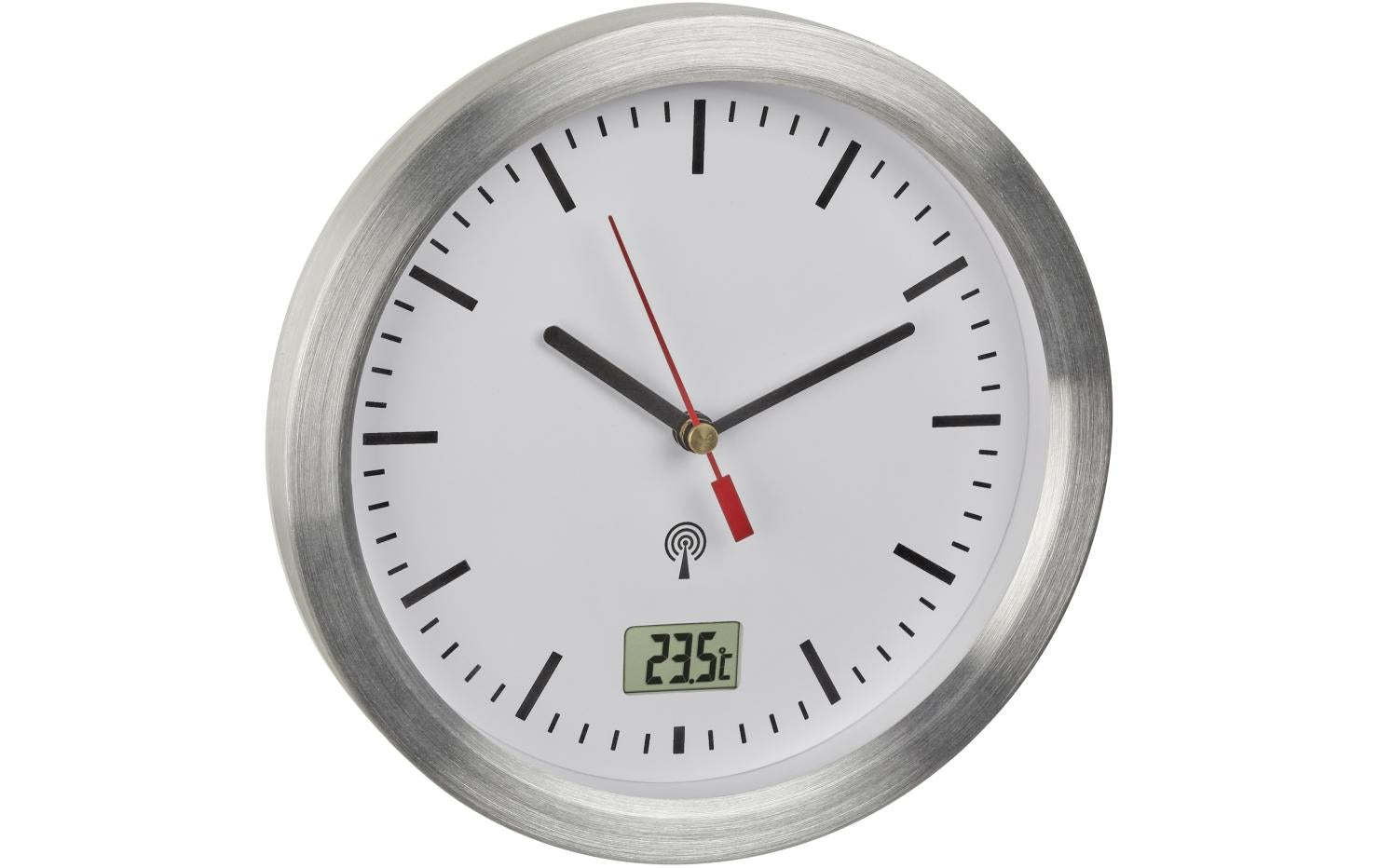 TFA-Dostmann TFA Dostmann Wanduhr – Funk, analog, Thermometer, Ø 17,3 cm, Silber, Aluminium/Glas