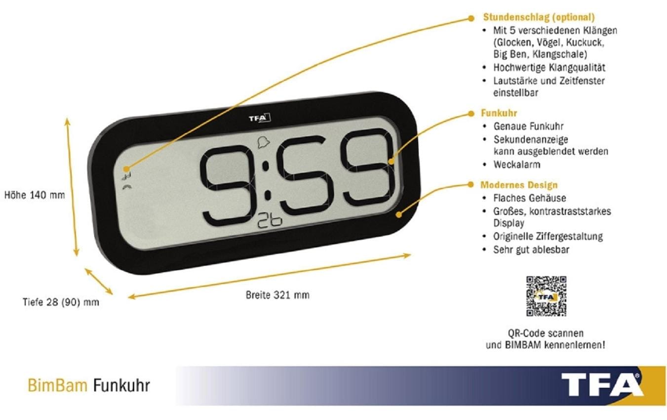 TFA-Dostmann TFA Dostmann Tischuhr – Digital, Funk, lautlos, Alarm, 32,1 × 14 × 2,8 cm, Schwarz, Kunststoff