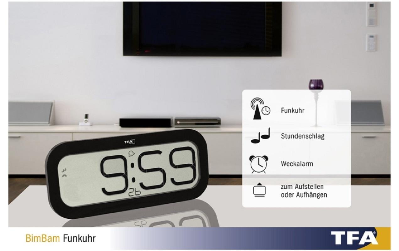 TFA-Dostmann TFA Dostmann Tischuhr – Digital, Funk, lautlos, Alarm, 32,1 × 14 × 2,8 cm, Schwarz, Kunststoff