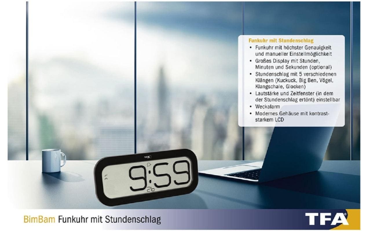 TFA-Dostmann TFA Dostmann Tischuhr – Digital, Funk, lautlos, Alarm, 32,1 × 14 × 2,8 cm, Schwarz, Kunststoff