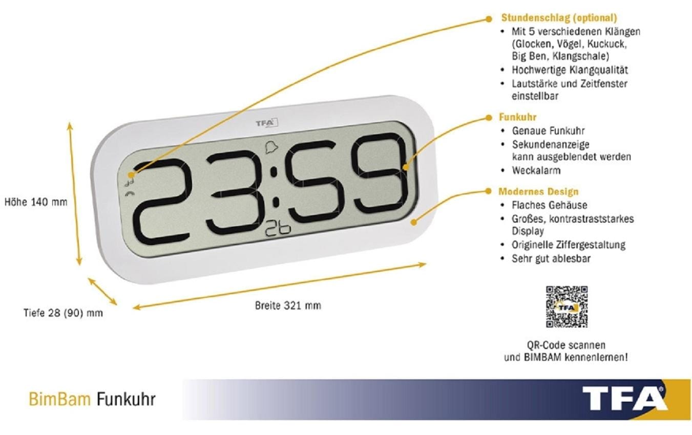 TFA-Dostmann TFA Dostmann Tischuhr – Digital, Funkgesteuert, Lautlos, 32,1 × 14 × 2,8 cm, Weiss, Kunststoff