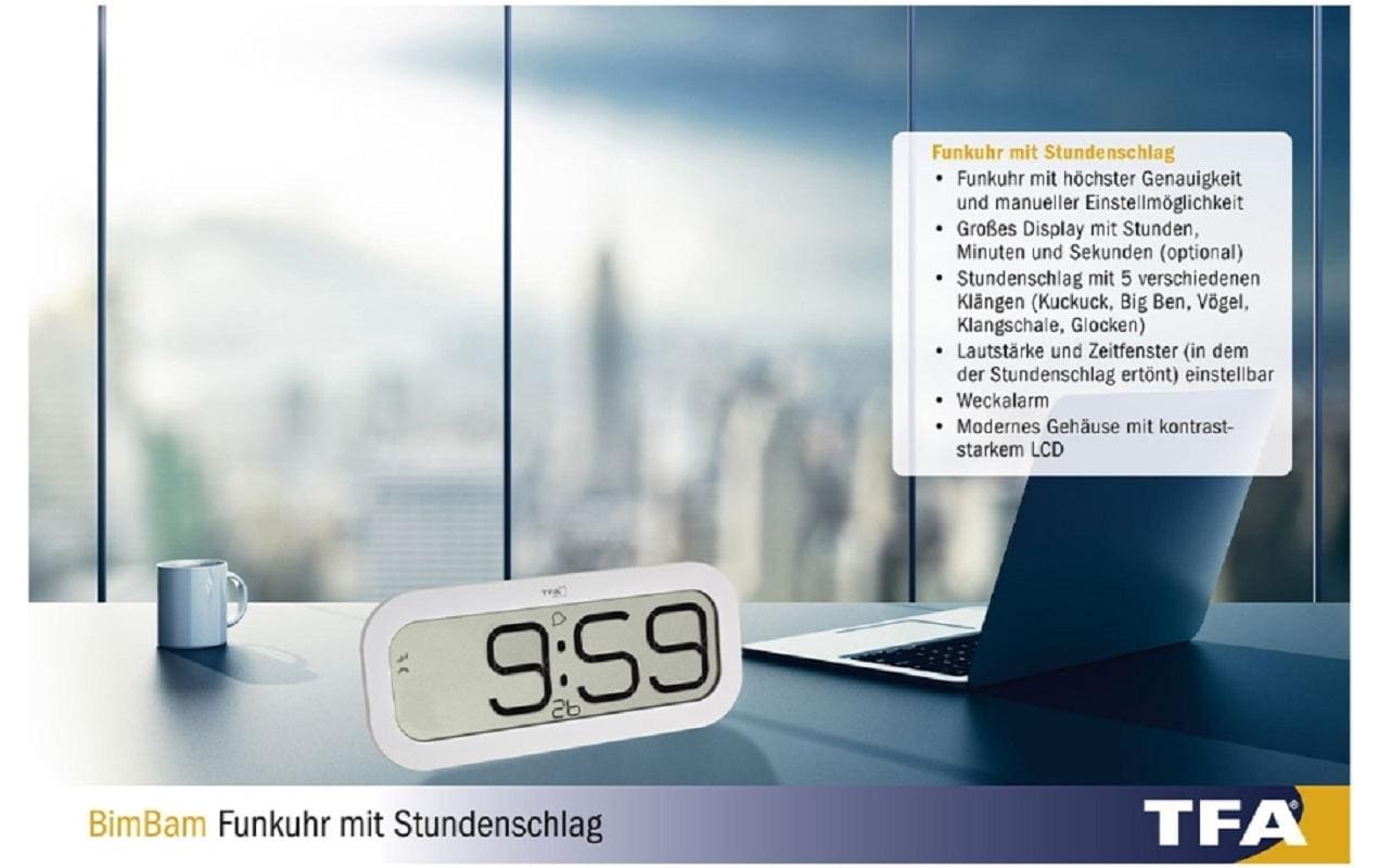 TFA-Dostmann TFA Dostmann Tischuhr – Digital, Funkgesteuert, Lautlos, 32,1 × 14 × 2,8 cm, Weiss, Kunststoff