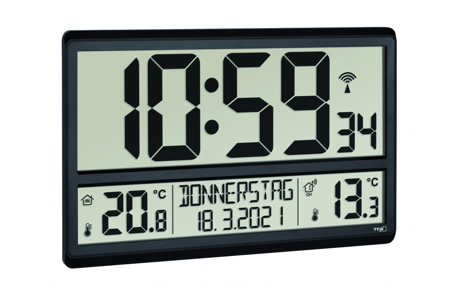 TFA-Dostmann TFA Dostmann Wanduhr – Digital, Funk, Thermometer, lautlos, 36 × 23,5 × 2,8 cm, schwarz, Kunststoff