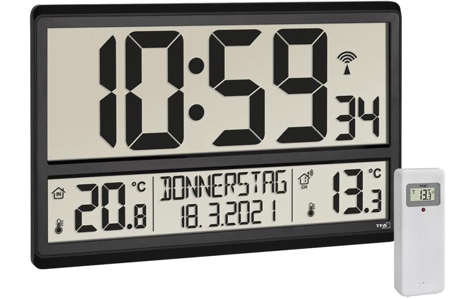 TFA-Dostmann TFA Dostmann Wanduhr – Digital, Funk, Thermometer, lautlos, 36 × 23,5 × 2,8 cm, schwarz, Kunststoff
