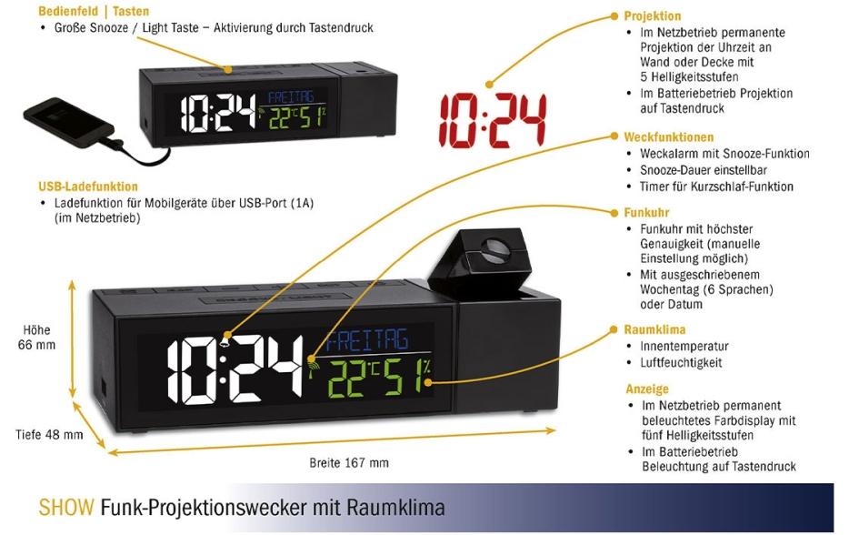 TFA-Dostmann TFA Dostmann Projektionswecker – Funk, Thermometer, USB, 16,7 × 4,8 × 6,6 cm, Schwarz
