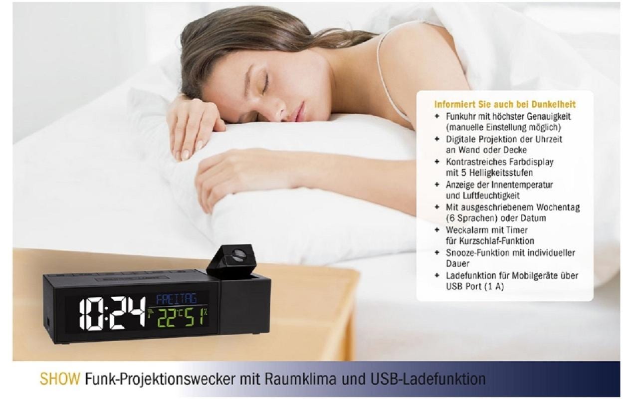 TFA-Dostmann TFA Dostmann Projektionswecker – Funk, Thermometer, USB, 16,7 × 4,8 × 6,6 cm, Schwarz