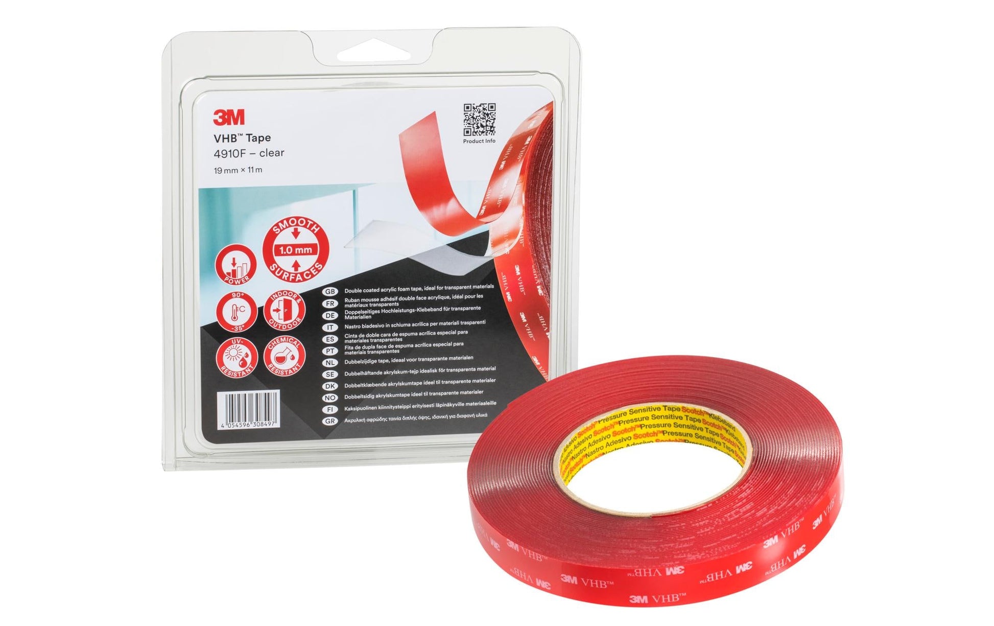3M Doppelseitiges Klebeband 4910F – permanent, transparent, 19 mm × 11 m