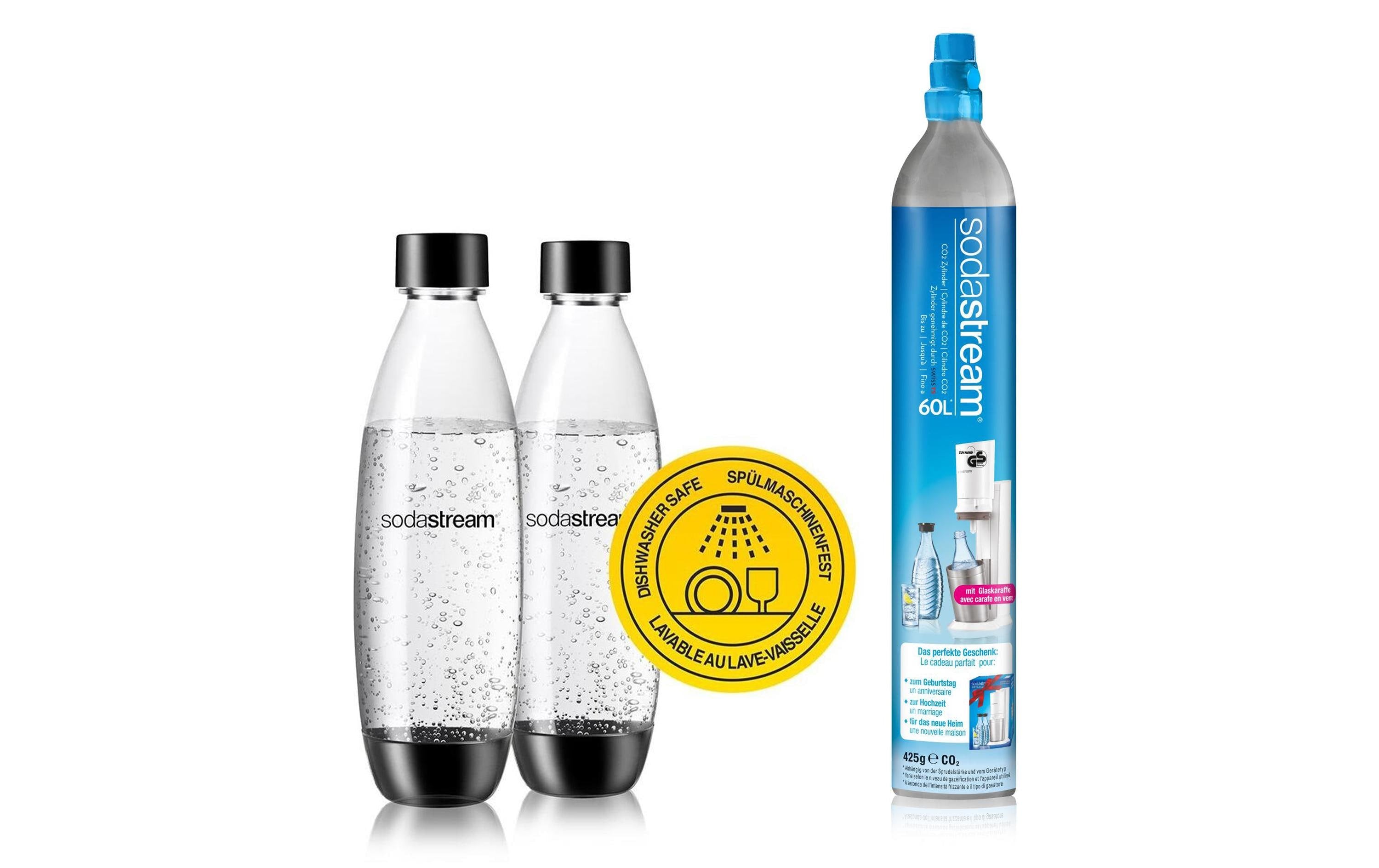 Sodastream CO2-Zylinder mit Literflaschen, 2 Flaschen + 1 Zylinder – für Wassersprudler
