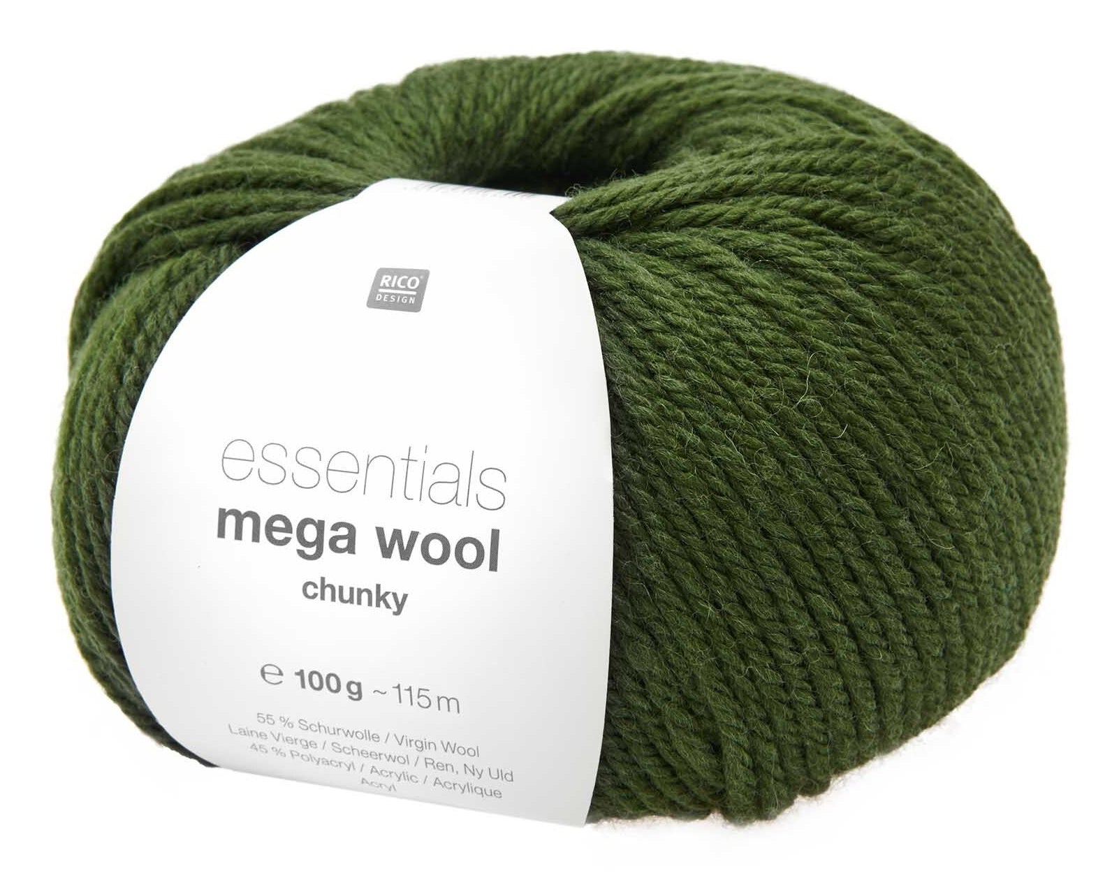 Rico Design Essentials Mega Wool Chunky Wolle Olivgrün – 100 g, 125 m, 55% Schurwolle/45% Polyacryl, Nadel 6 mm