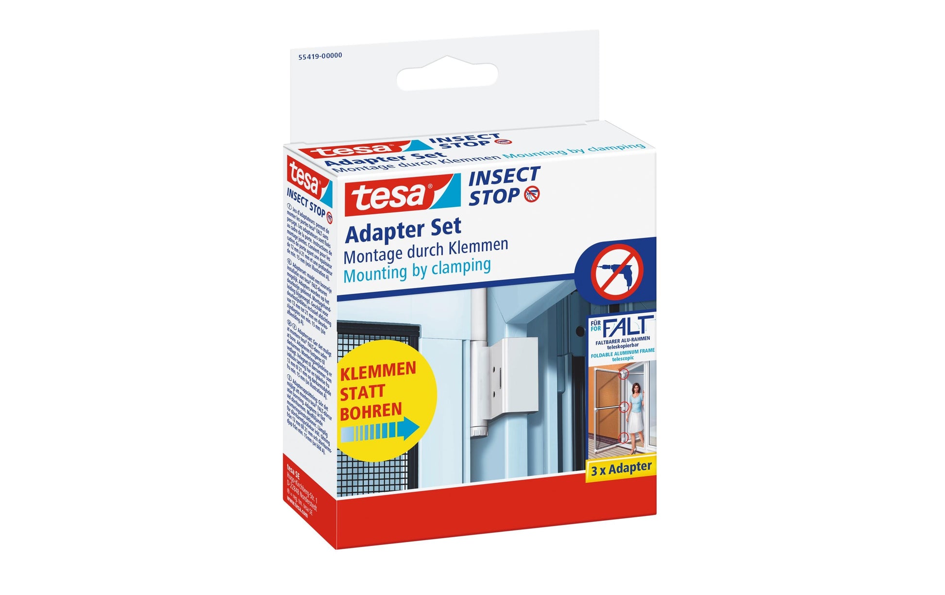 tesa Klemmadapter-Set – für Fliegengitter, faltbar, Tür – 3er-Set – Weiss
