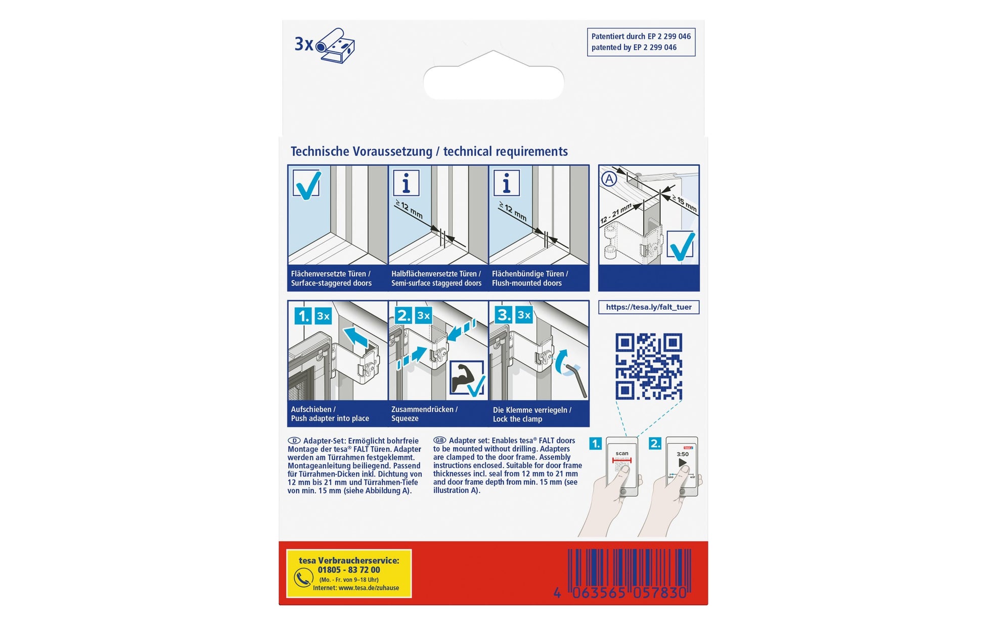 tesa Klemmadapter-Set – für Fliegengitter, faltbar, Tür – 3er-Set – Weiss