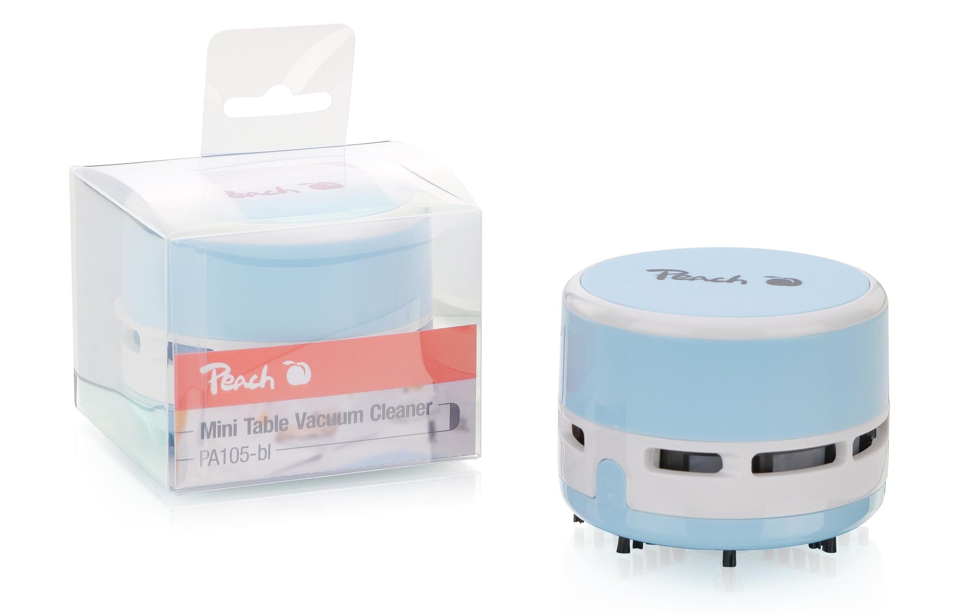 Peach Mini-Tischstaubsauger PA105 – Akku (2× AA), Ø 80 mm × 65 mm