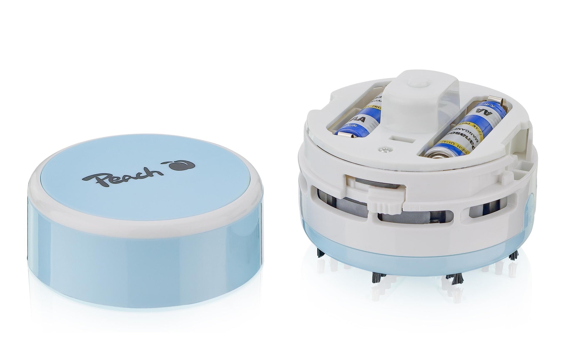 Peach Mini-Tischstaubsauger PA105 – Akku (2× AA), Ø 80 mm × 65 mm