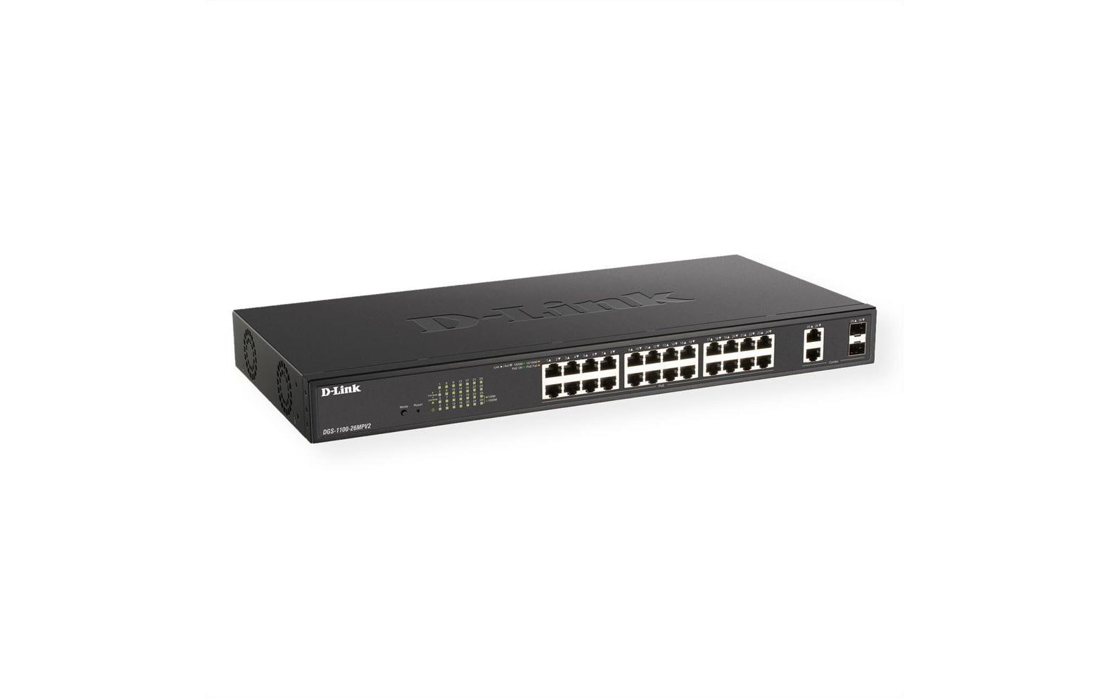 D-Link DGS-1100-26MPV2 – Smart L2 Switch – 24× 1G, 2× SFP, PoE+, PoE-Budget 370 W, 1U