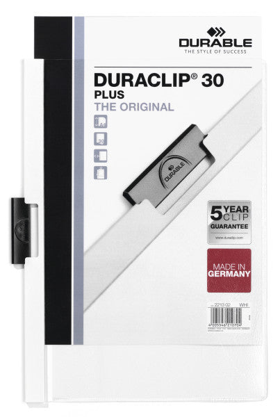 Durable Schnellhefter Duraclip 30 Plus – A4, PP, weiss, Metall-Deckleiste, Sichttasche, bis 30 Blatt