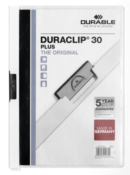 Durable Schnellhefter Duraclip 30 Plus – A4, PP, weiss, Metall-Deckleiste, Sichttasche, bis 30 Blatt