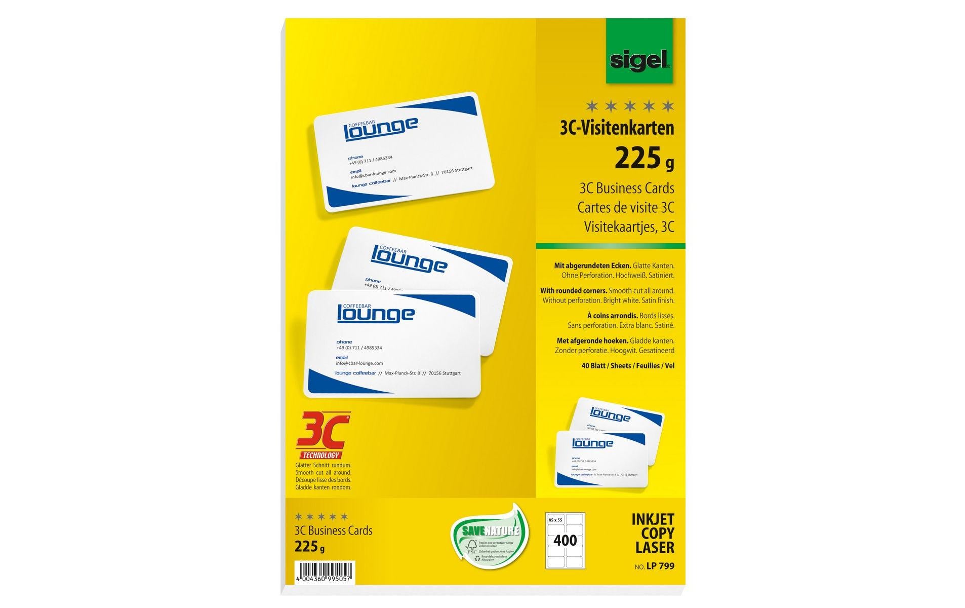 Sigel Visitenkarten, 85 × 55 mm – A4, 10 pro Blatt – 400 Karten – FSC-zertifiziert, abgerundete Ecken