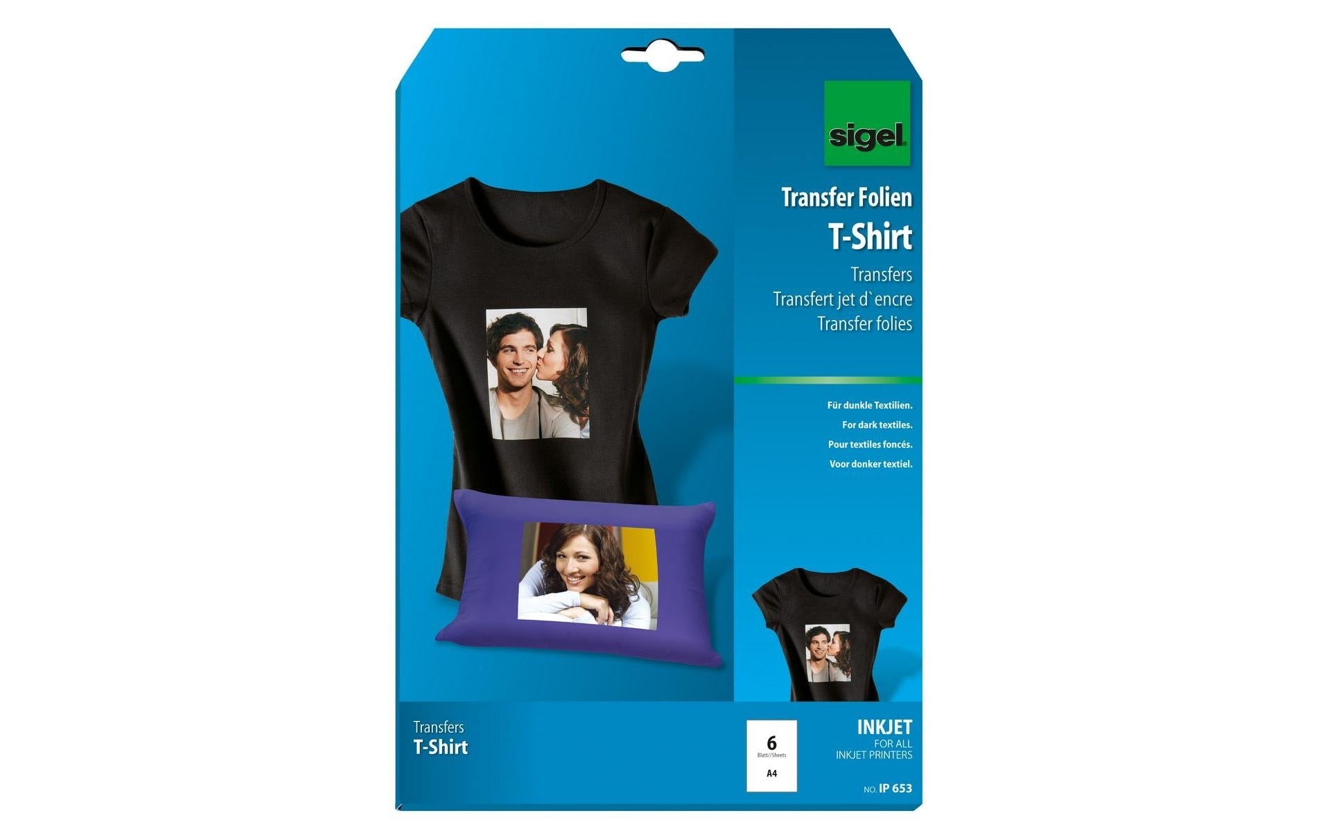 Sigel Transferpapier – für Inkjetdrucker, für dunkle Textilien, A4 (210×297 mm), bis 40 °C, 6 Blatt