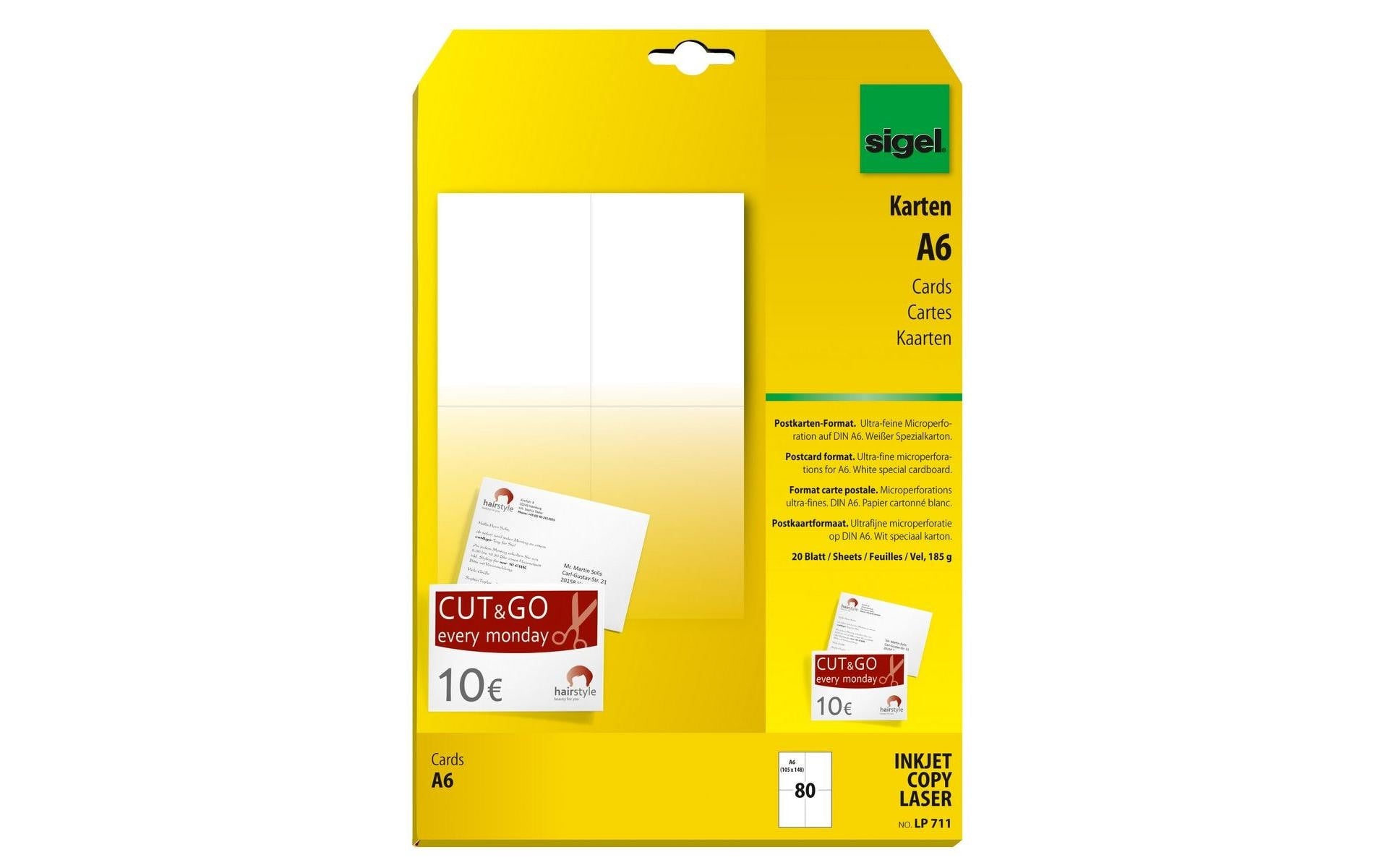 Sigel Postkarten A6 (105 × 148 mm), 185 g/m², weiss – für Inkjet, Laser, Kopierer