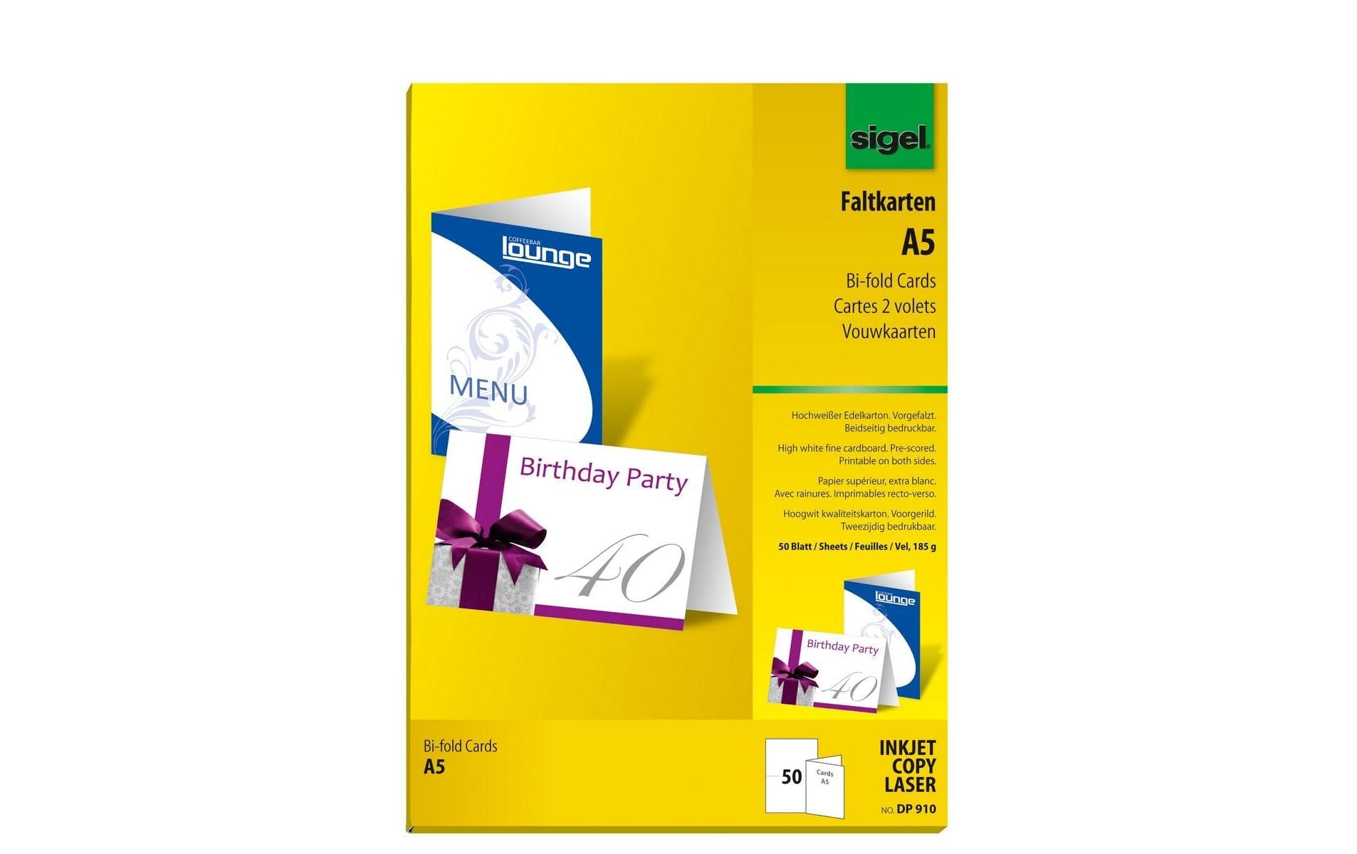 Sigel Faltkarten A5 (148 × 210 mm), 185 g/m², hochweiss, Edelkarton, vorgefalzt – für Inkjet, Laser, Kopierer