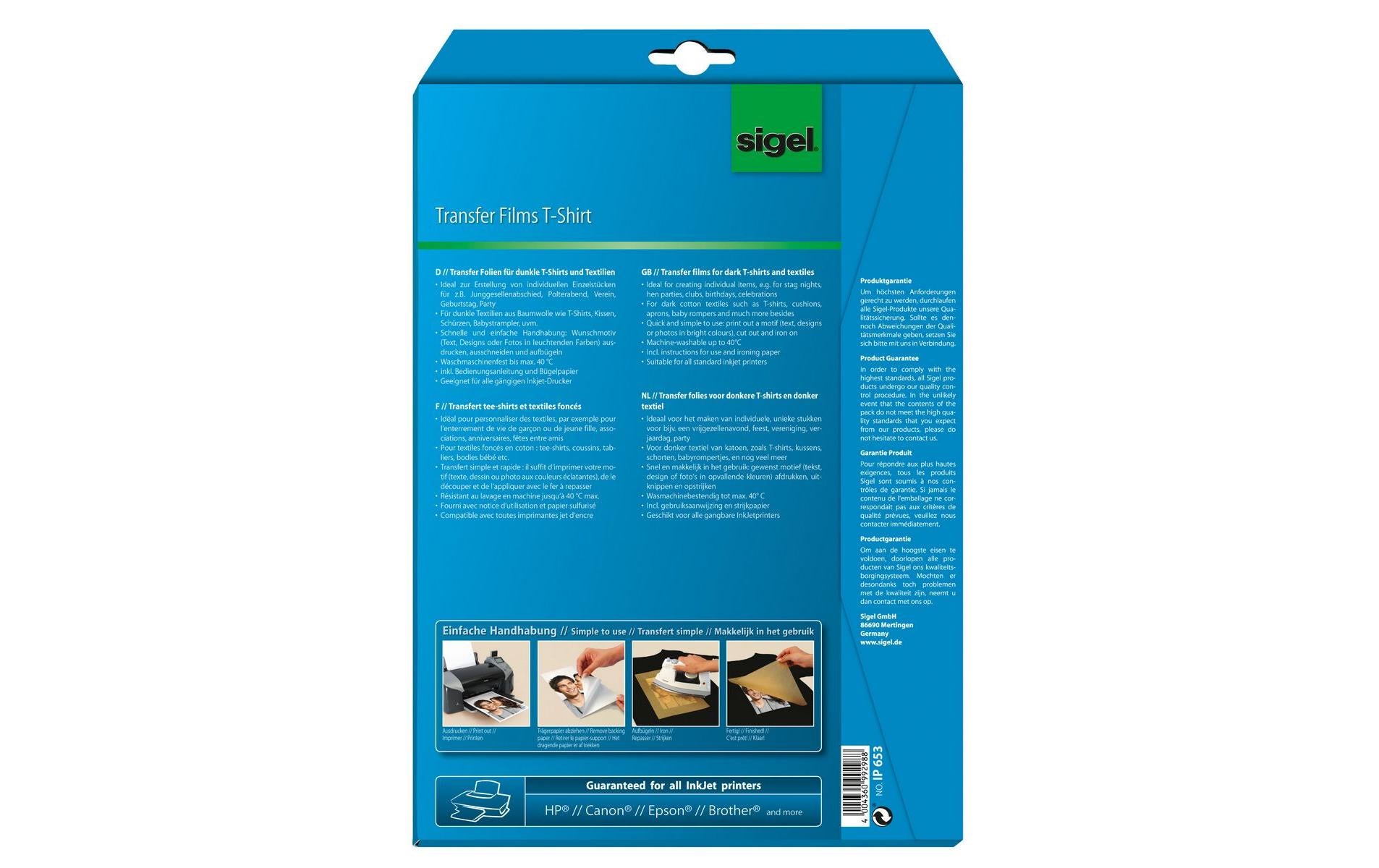 Sigel Transferpapier – für Inkjetdrucker, für dunkle Textilien, A4 (210×297 mm), bis 40 °C, 6 Blatt