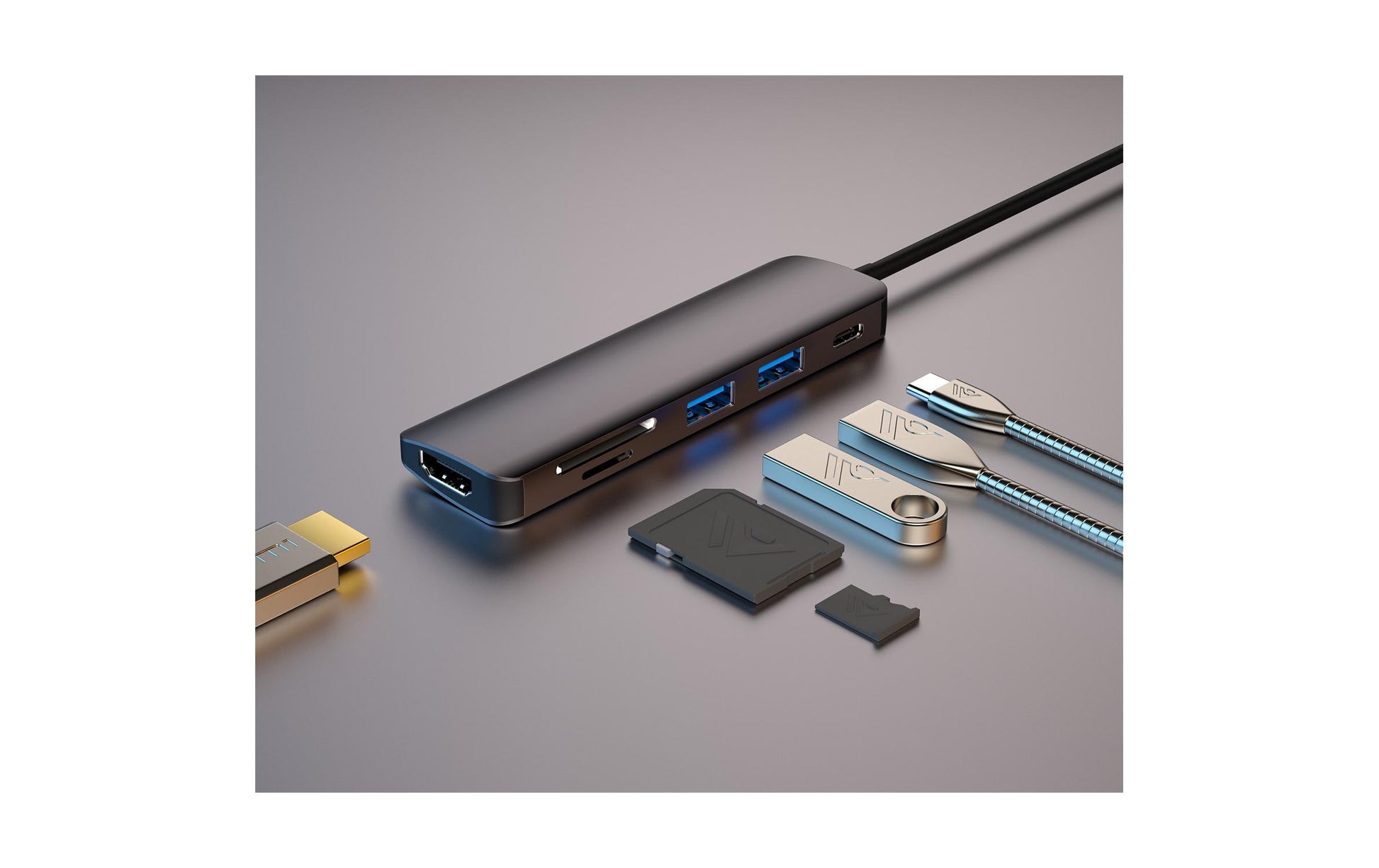 4smarts 4S468782 Multiport-Adapter – USB-C, 1× HDMI, 2× USB-A, 100 W PD, SD/microSD, für Geräte mit USB-C