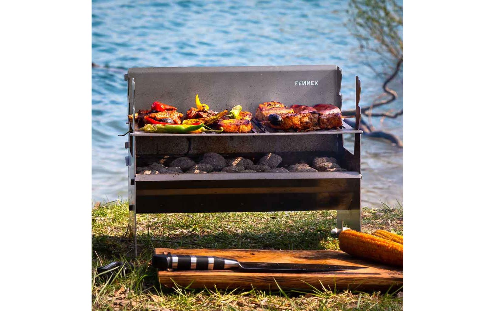 Fennek Grill 2.0 – Holzkohle, Grillfläche 37,6×24,3 cm, tragbar – Silber/Edelstahl