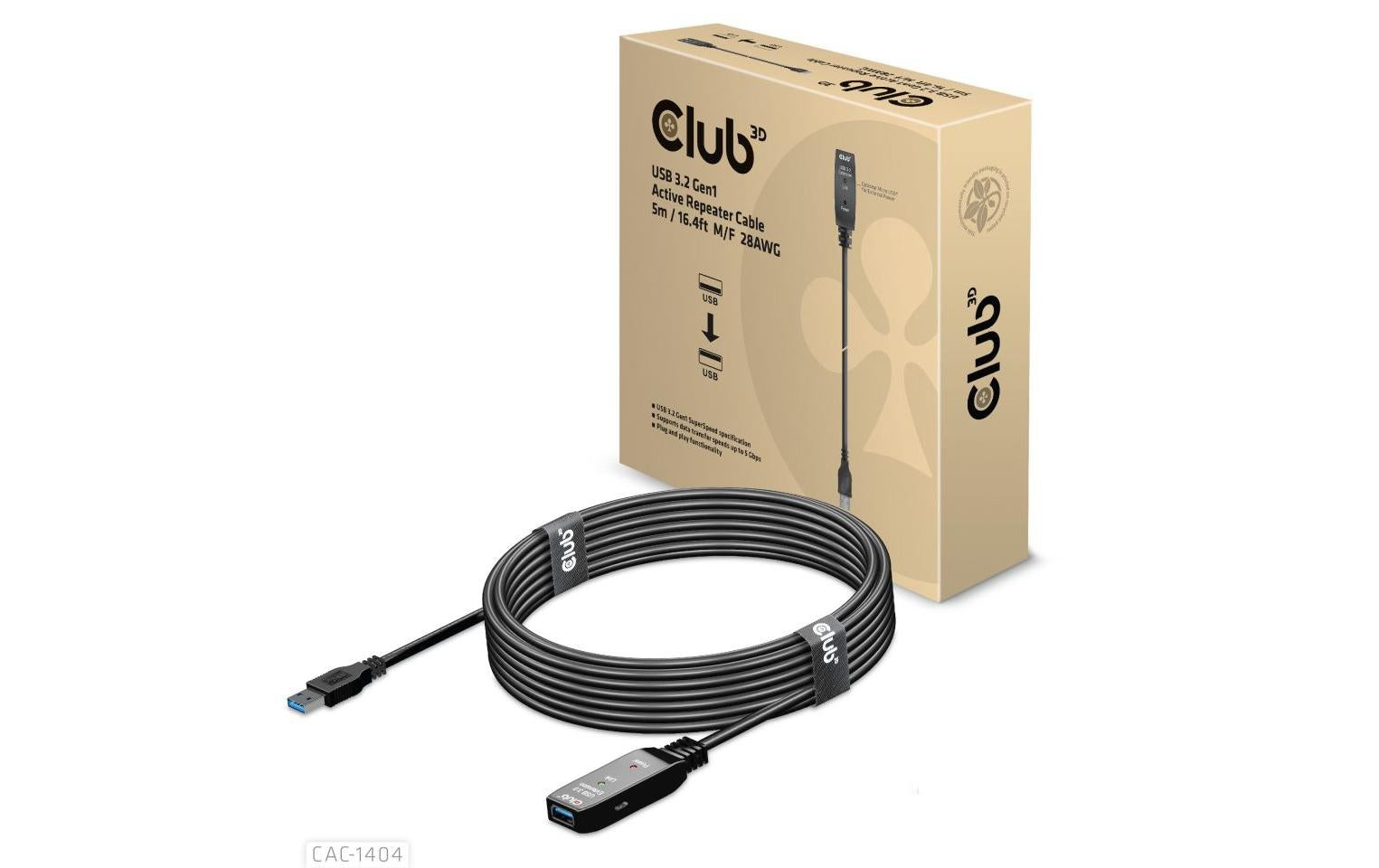 CLUB3D Club 3D – USB-A Verlängerungskabel (Stecker auf Buchse) – USB 3.2 Gen 1 (5 Gbit/s) – 5 m – Aktiv – Schwarz