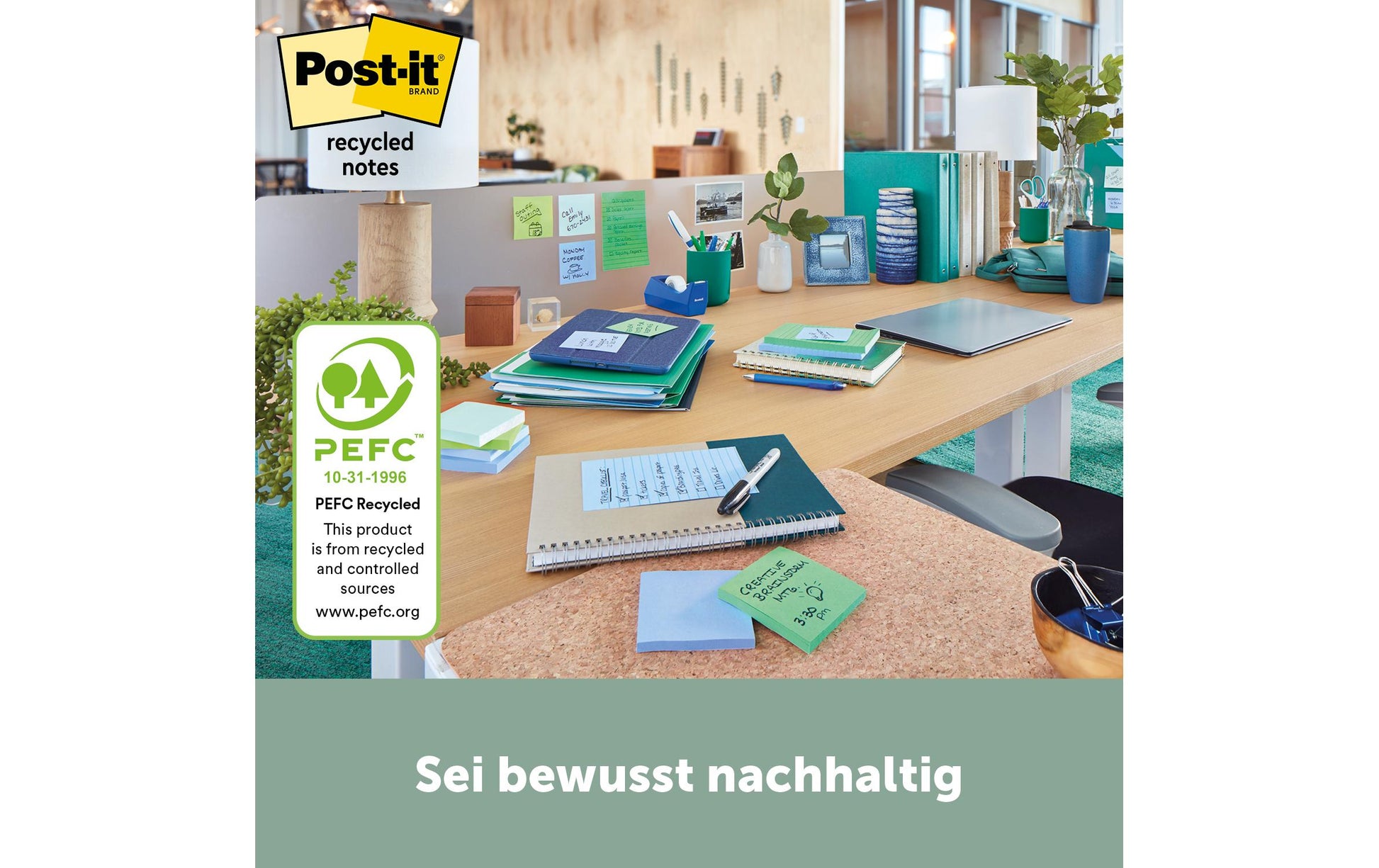 Post-it Haftnotizen – 76×76 mm – sortiert (türkis, violett, gelb), 10×100 Blatt, Recyclingpapier