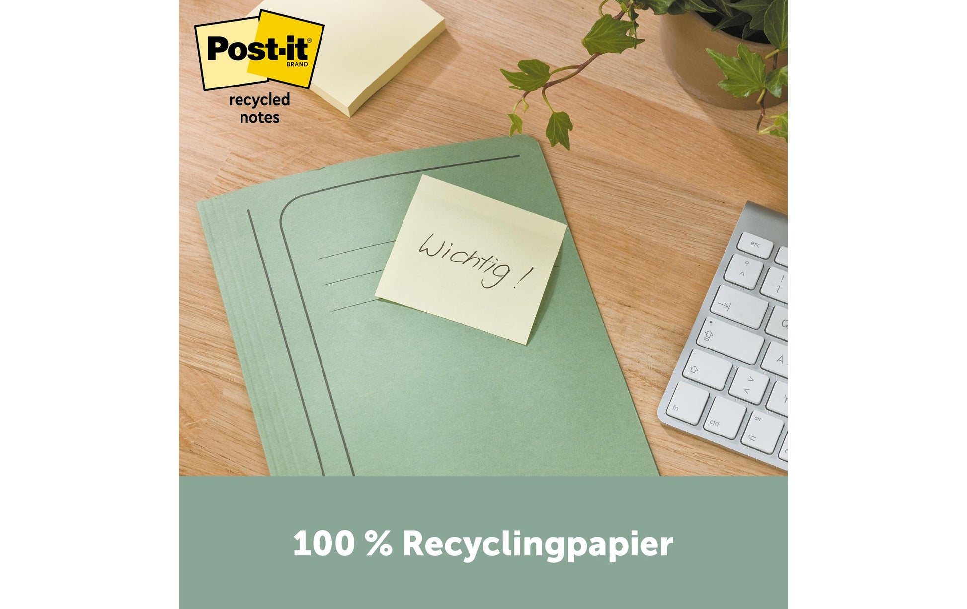 Post-it Haftnotizen – 76×76 mm – sortiert (türkis, violett, gelb), 10×100 Blatt, Recyclingpapier