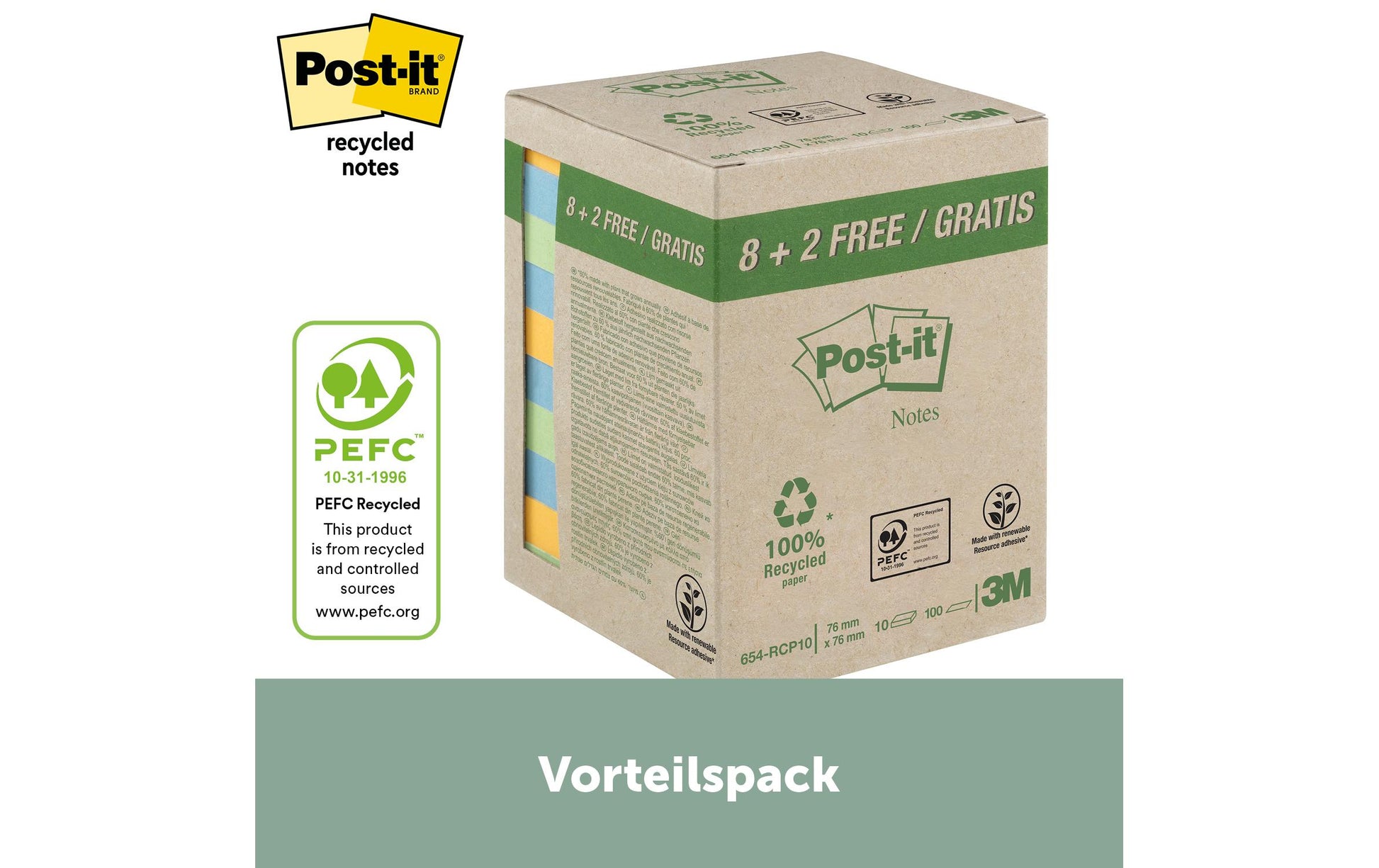 Post-it Haftnotizen – 76×76 mm – sortiert (türkis, violett, gelb), 10×100 Blatt, Recyclingpapier