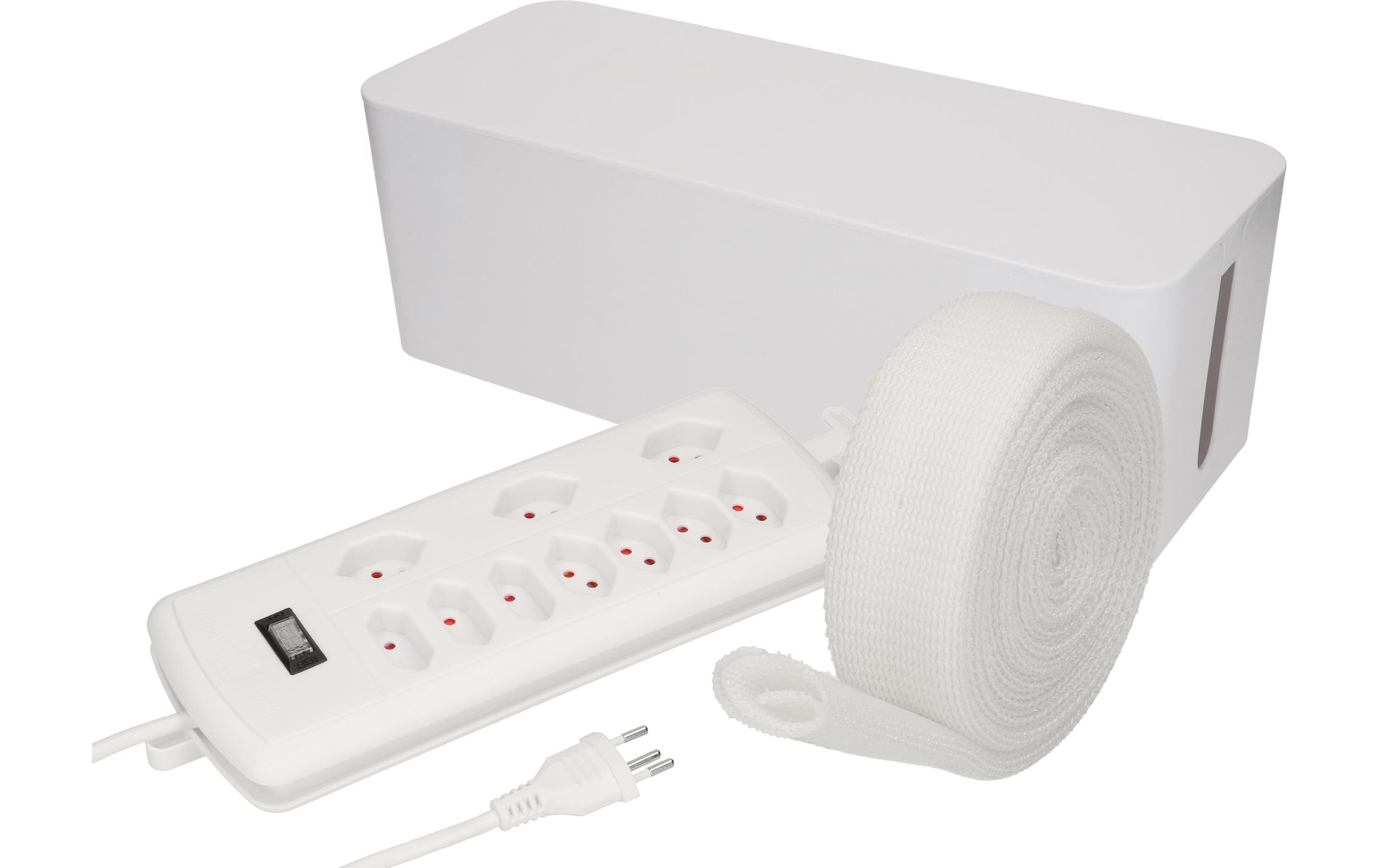Max Hauri AG Max Hauri Kabelbox – mit Steckerleiste (7 AC-Ausgänge), Ein-/Ausschalter – Kunststoff – Weiss – 138 × 155 × 40