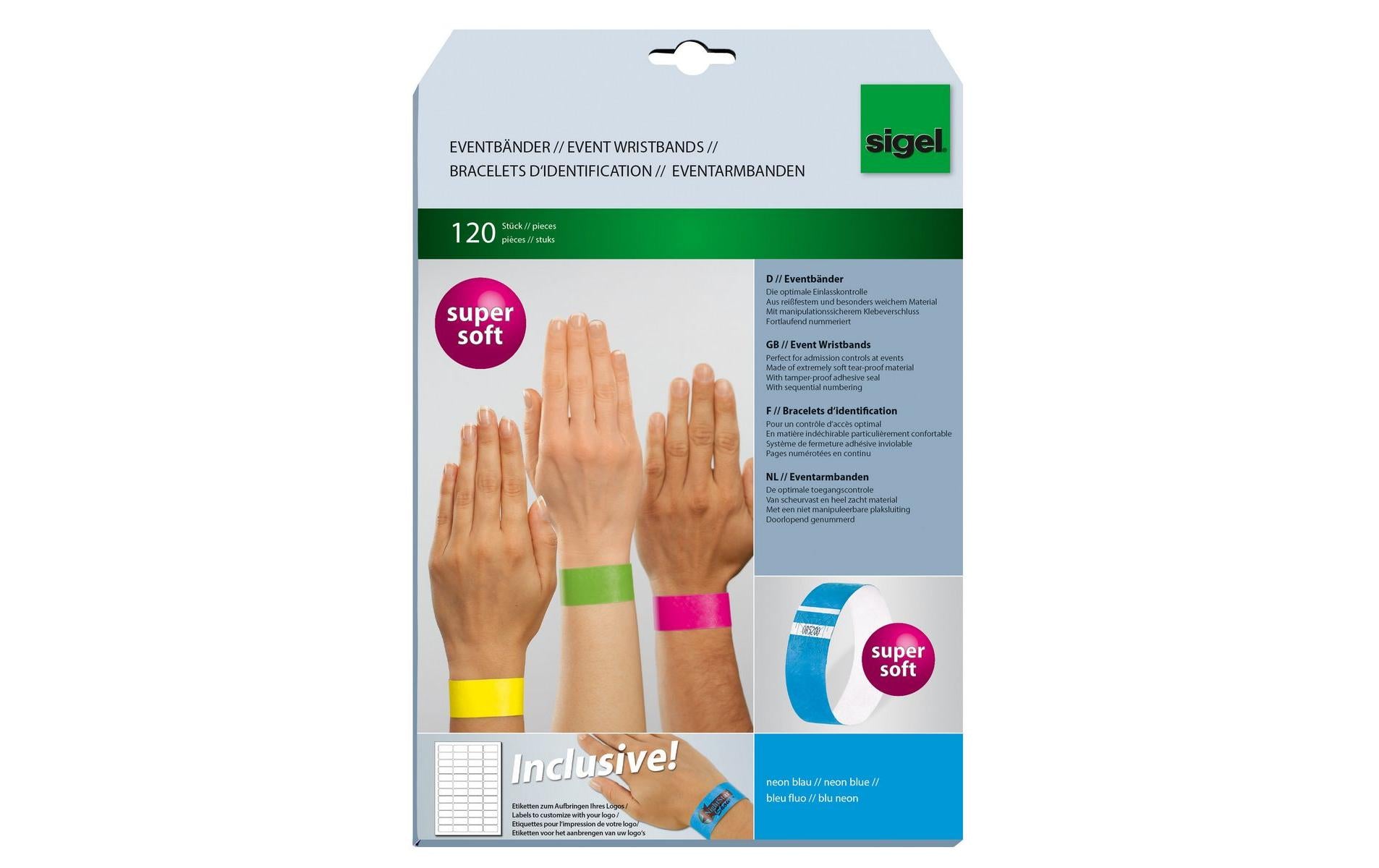 Sigel Event-Armband – 25 × 255 mm, Neonblau, Kunststoff, fortlaufend nummeriert – 120 Stk