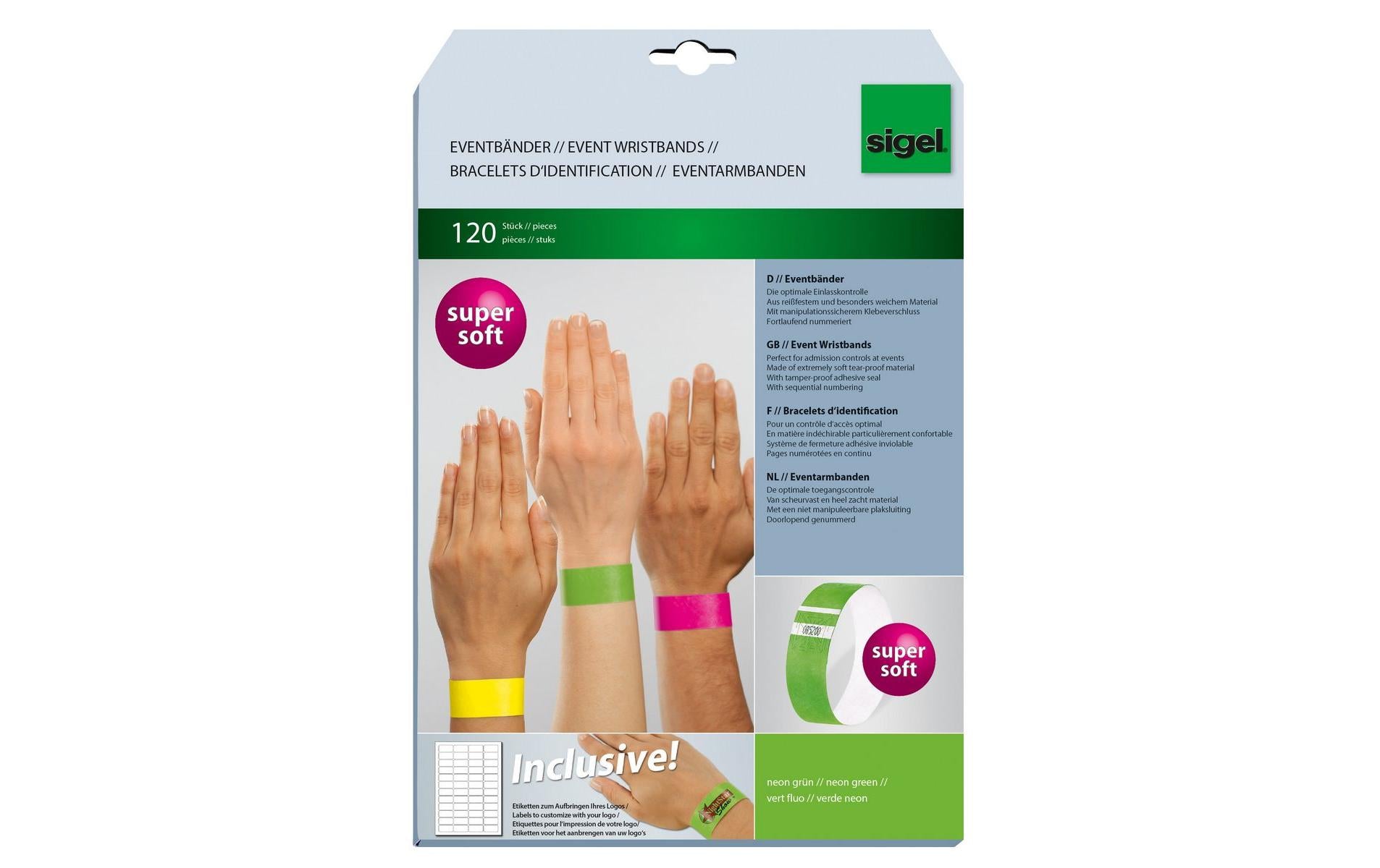 Sigel Event-Armband – 25 × 255 mm, Neongrün, Kunststoff, fortlaufend nummeriert – 120 Stk