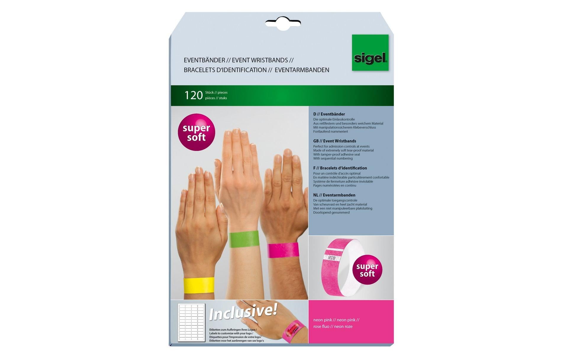 Sigel Event-Armband – 25 × 255 mm, neonpink, Kunststoff, fortlaufend nummeriert – 120 Stk