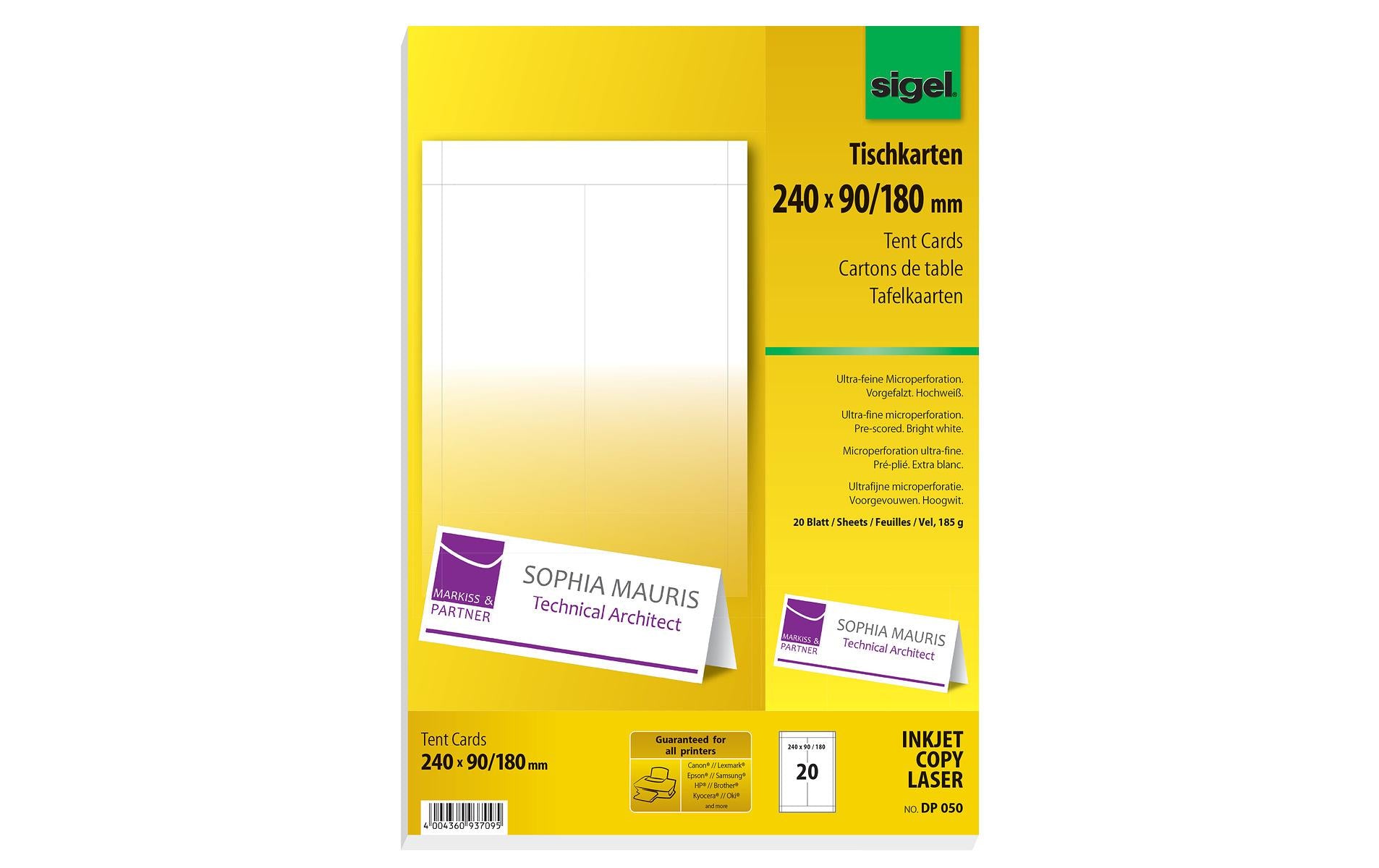 Sigel Tischkarten 240 × 180 mm, 185 g/m², weiss, Papier, vorgefalzt – für Inkjet, Laser, Kopierer – 20 Karten