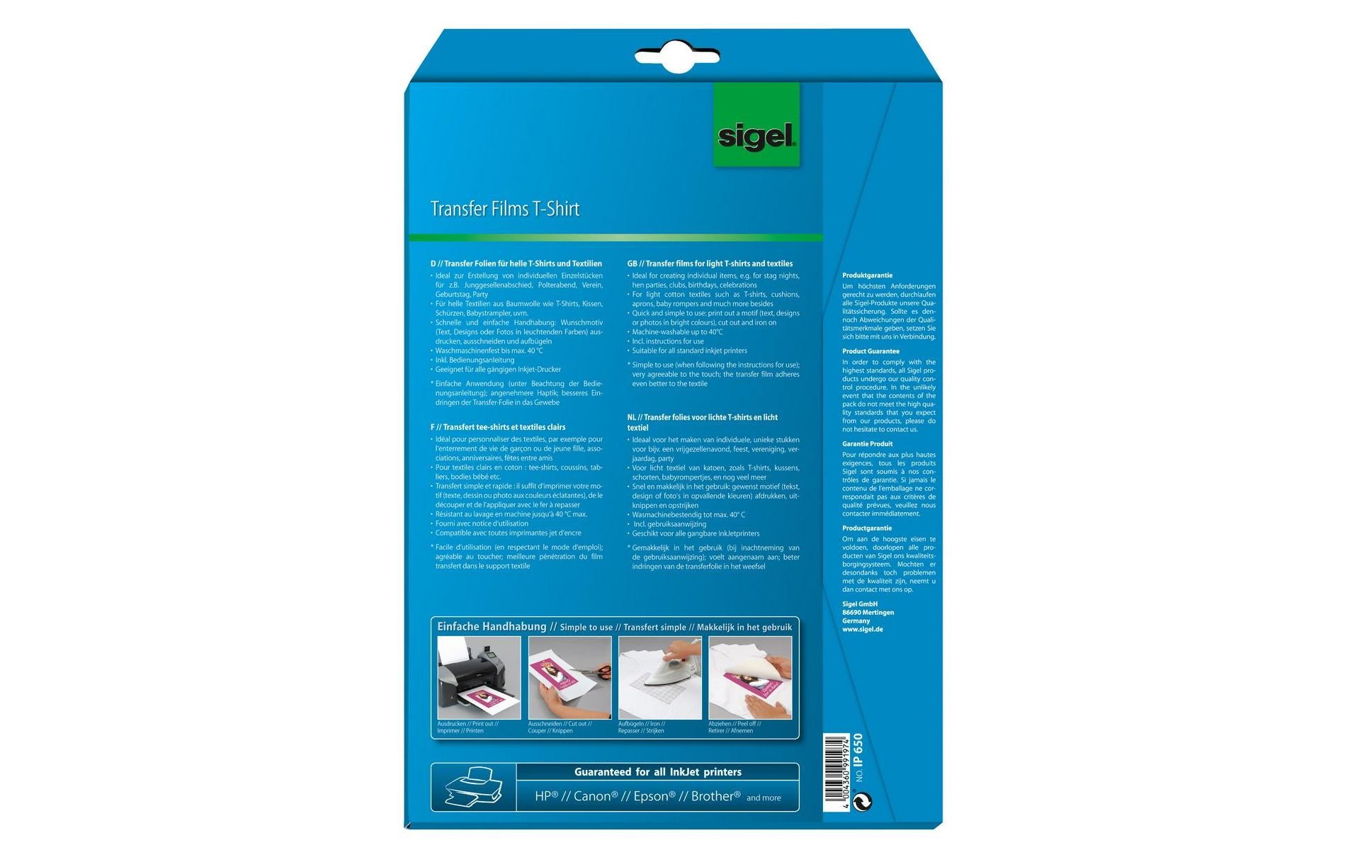 Sigel Transferpapier – für Inkjetdrucker, für helle Textilien, A4, waschbar bis 40 °C, 3 Blatt