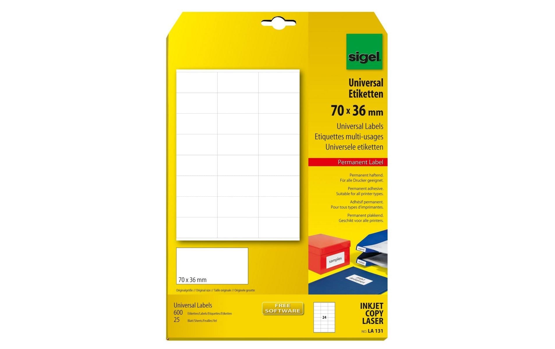 Sigel LA131 – Etiketten A4 70 × 36 mm – Papier, weiss – permanent haftend – Laser – 24 pro Blatt, 25 Blätter